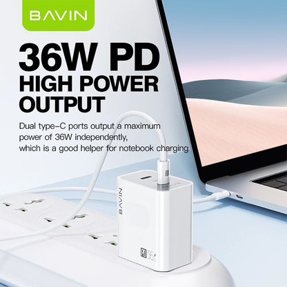 BAVIN PC859 36W Super Fast Charging Dual Port PD + QC3.0 w/ 1 Meter Data Cable Widely for Laptop Supports / iPhone 17