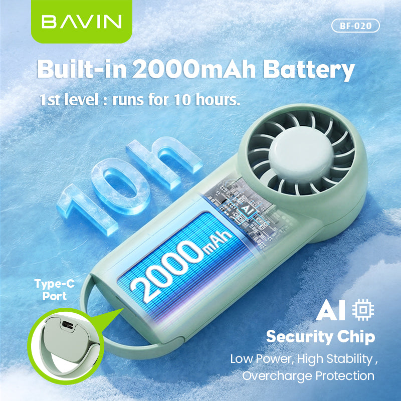 BAVIN BF020 Mini Portable Handheld Fan 5-Speed Strong Wind w/2000mAh Rechargeable Table Fan + Lanyard