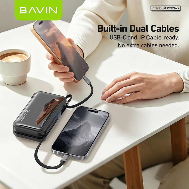 BAVIN PC1215 2-in-1 10000mAh/20000mAh 35W PD Fast Charging Powerbank w/ Built-in Dual Cables + AC Plug