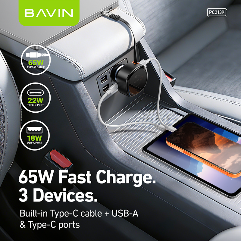 BAVIN PC2139 3-in-1 65W PD Fast Charge Car Charger Built-in Retractable Type-C Cable for Phone/ Laptop