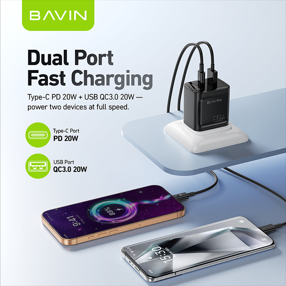 BAVIN C-PC2088 Universal 20W Fast Charging Adaptor Support PD + QC 3.0 Widely Compatibility for Android & iPh Devices
