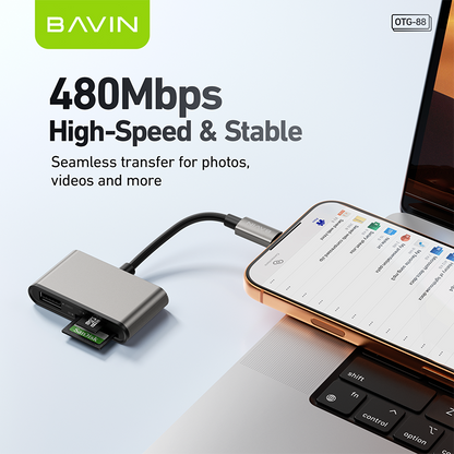 BAVIN O88 OTG 3in1 Card Reader Adapter for USB/TF/SD Card w/480Mbps Data Transfer for Laptop, Phones