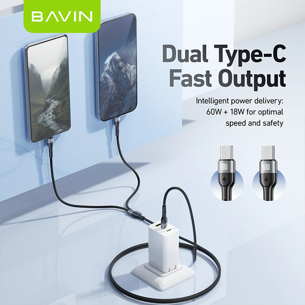 BAVIN U-CB378 60W+18W 2-in-1 Fast Charging Cable Type-C to Type-C 1.2m Nylon for iPh & Android (Supports 17 Series)