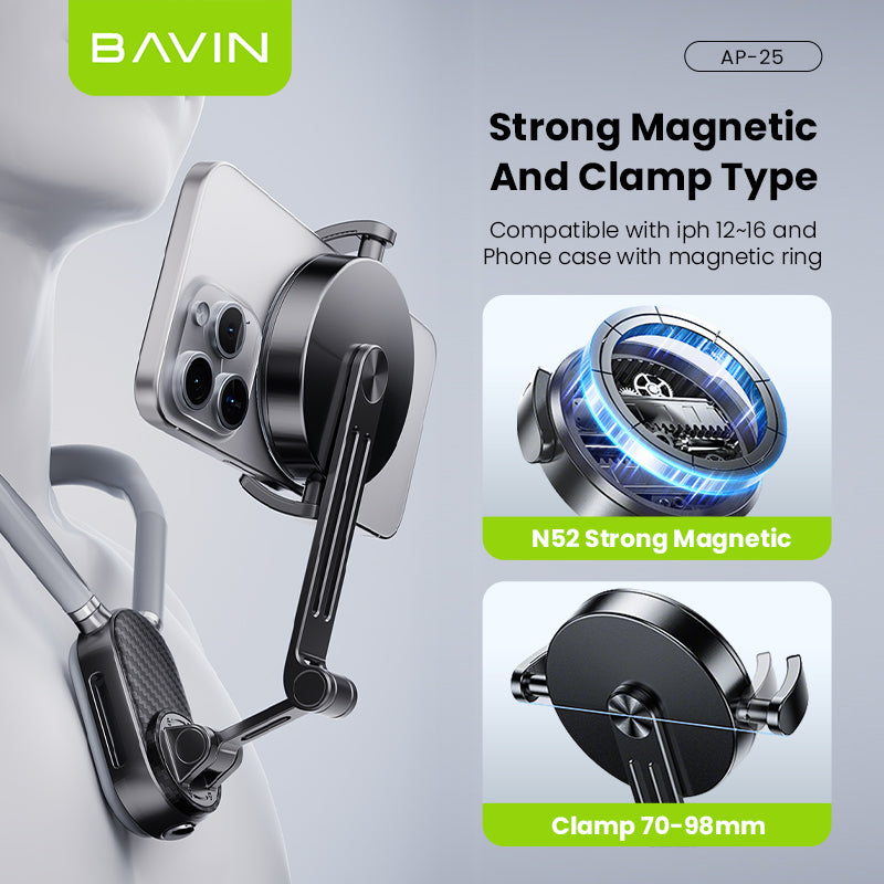 BAVIN D-Z-P25 Magnetic & D-Z-P26 Clip-On Universal Neck Mount Phone Holders | 360° Rotating | Hands-Free Stand for Mobile Phones