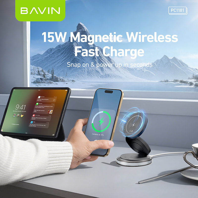 BAVIN PC1181 3in1 Magnetic 15W Wireless Charger Dock for Phone/Watch/Earbuds w/ Foldable Stand & LED