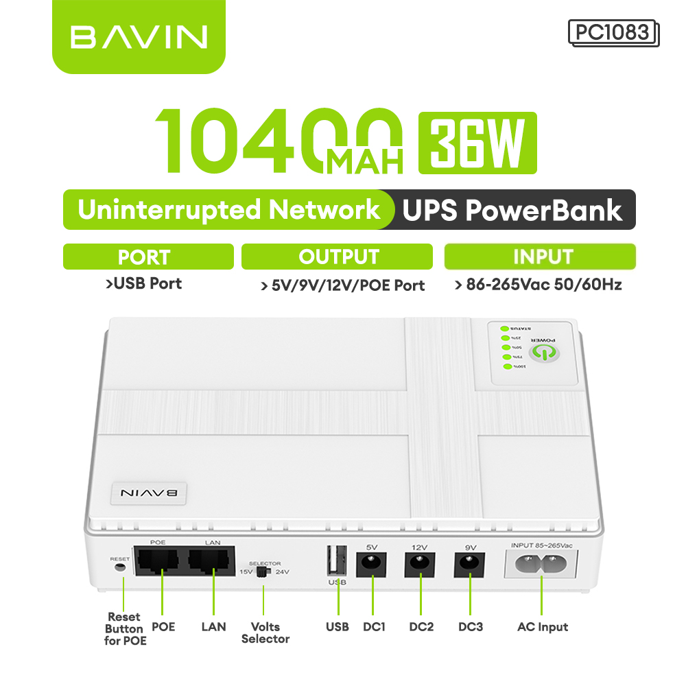 BAVIN PC1083 36W 10400mAh/PC1082 18W 8800mAh Mini UPS Powerbank Uninterrupted Backup Battery Supply