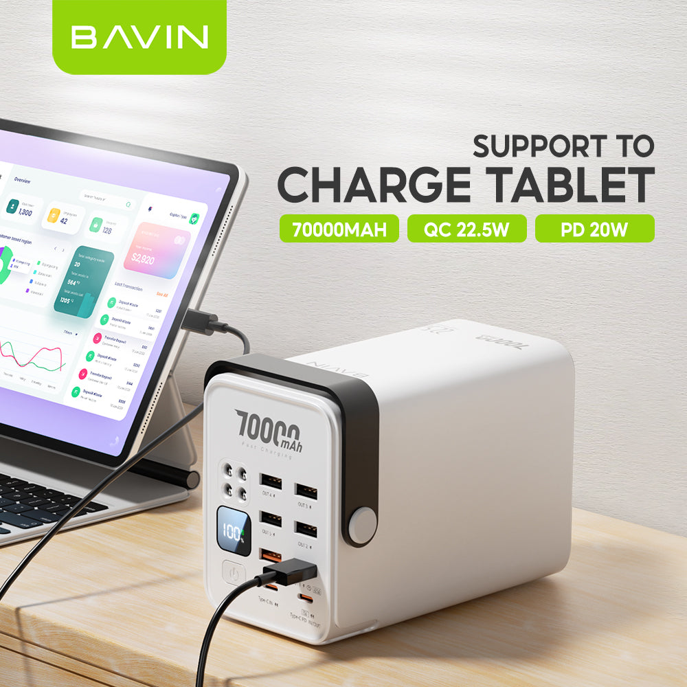BAVIN Y-PC1062 70000mAh QC 3.0+PD 20W Powerbank w/ 6 USB & 2 Type-C Ports