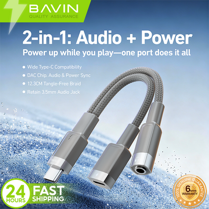 BAVIN AUX62 2-in-1 Hi-Fi Audio & Charge Cable w/iPhone, Type-C to 3.5mm Adapter for Android & iPhone Devices