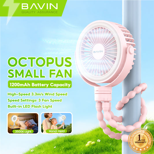 BAVIN BF012 1200mAh Portable Clip-on Stroller Octopus Fan w/ LED Light / 3-Speed Wind / 360° Rotation & Rechargeable Fan