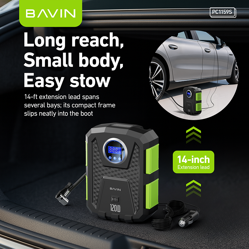 BAVIN Z-PC1159 12V Portable Digital Tire Inflator w/ 150 PSI High Speed Air Compressor for Car, Motor, Bike & Sports Balls