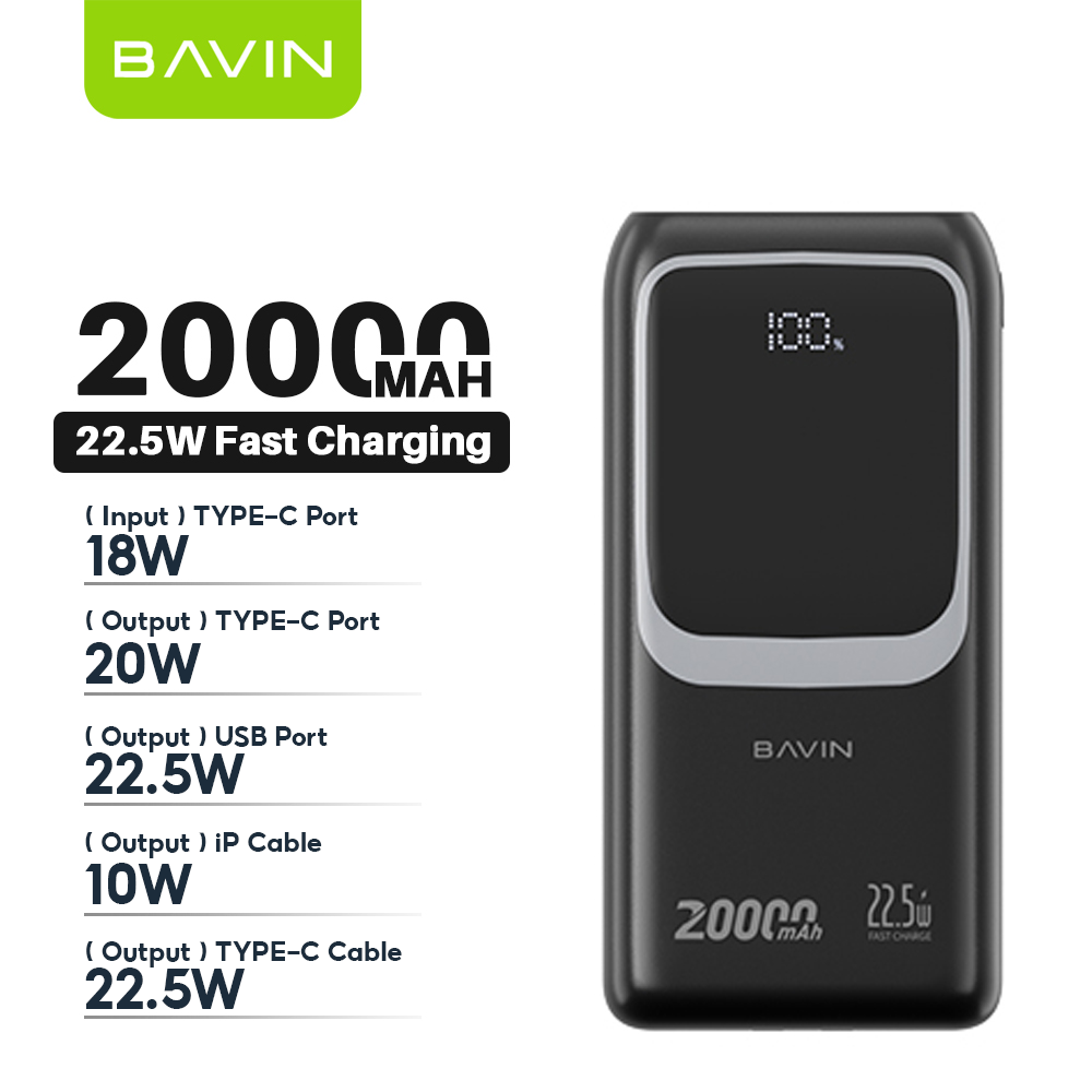 BAVIN Y-PC1030 20000mAh 22.5W Fast Charging Powerbank w/ Built-in Cable