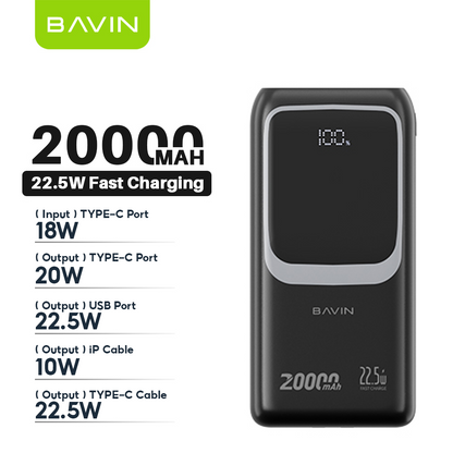 BAVIN Y-PC1030 20000mAh 22.5W Fast Charging Powerbank w/ Built-in Cable