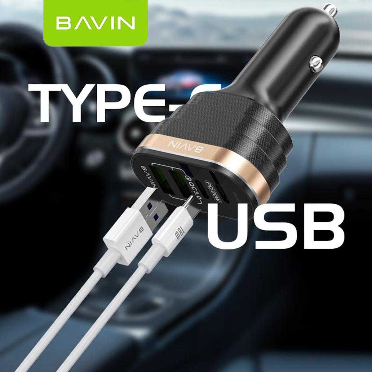 BAVIN PC587 40W Car Charger w/ Dual USB 3.0 + 20W PD Type-C Fast Charging for iPh & Android (Supports iPh17 Series)