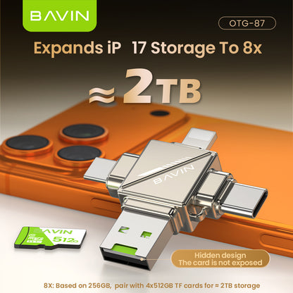 BAVIN U-O-87 4-in-1 Type-C / iPhone / Micro / USB 2.0 OTG Adapter & Card Reader TF/Micro SD Compatible iPhone 17 Series, 480Mbps