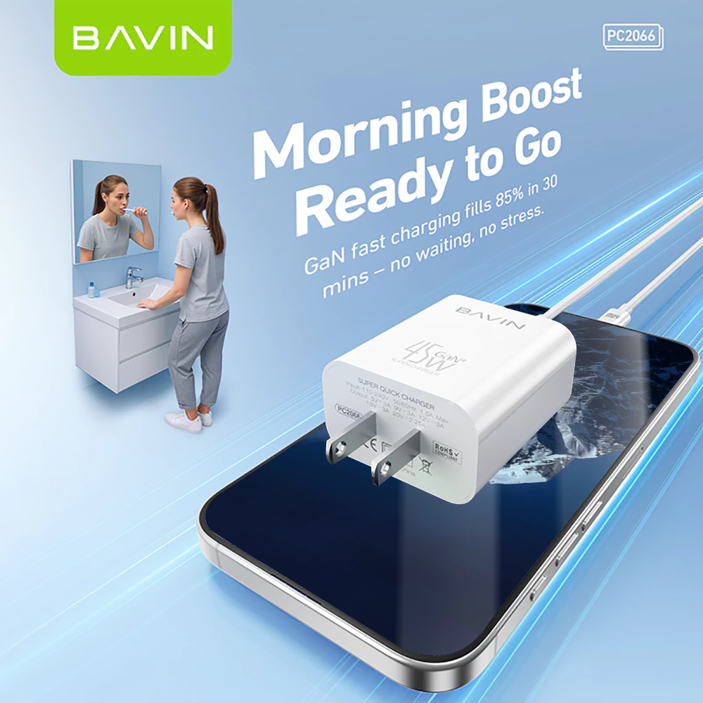 BAVIN PC2066 45W GaN PD Fast Charger w/ Type-C to iPh & Type-C to Type-C Cables for Smartphones (Supports iPh17 Series)
