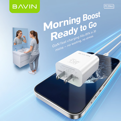 BAVIN PC2066 45W GaN PD Fast Charger w/ Type-C to iPh & Type-C to Type-C Cables for Smartphones (Supports iPh17 Series)