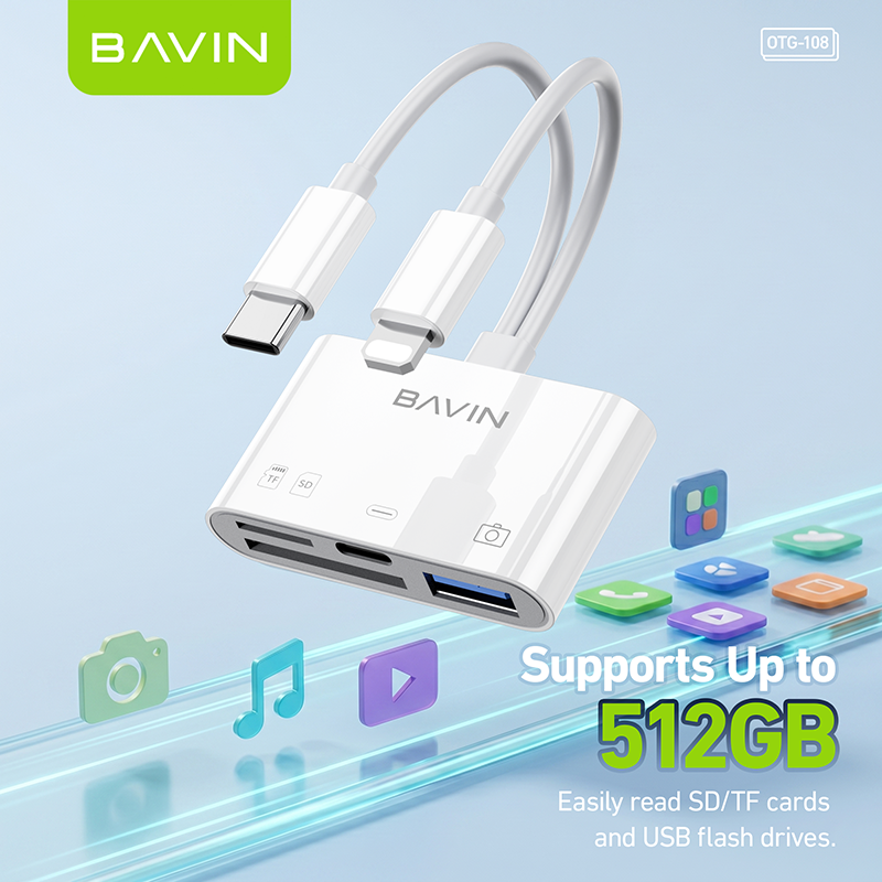 BAVIN O29 / O108 6in1 OTG Card Reader Adapter Type-C and iPhone To TF/SD+USB w/ 5Gbps Transmission