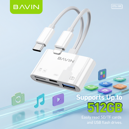 BAVIN O29 / O108 6in1 OTG Card Reader Adapter Type-C and iPhone To TF/SD+USB w/ 5Gbps Transmission