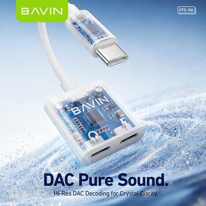 BAVIN O106 Hi-Fi Audio & Charging 2-in-1 Type-C to Dual Type-C OTG Adapter for Phones, Tablet & Laptop