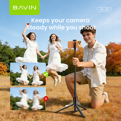 BAVIN P28 Multifunctional Bluetooth Selfie Stick w/ Wireless Remote, Adjustable Phone Stand, Portable Travel Tripod for Smartphones