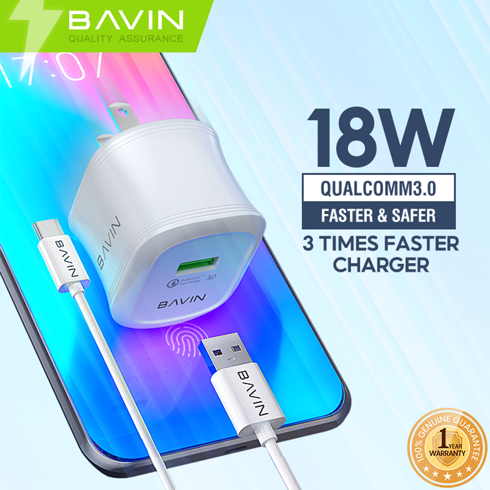 BAVIN C-PC331-XX Qualcomm 3.0 Fast Wall Charger w/ Charging Cable for Micro, Type-C & iPhone