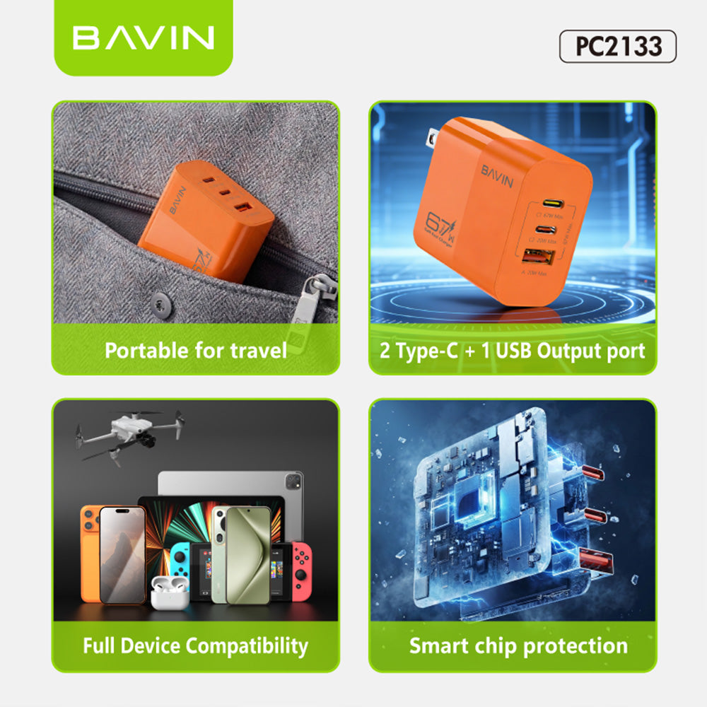 BAVIN PC2133 3in1 67W GaN Fast Charging Charger Dual Type-C + USB Ports w/ 1m Cable for Laptop, Phones