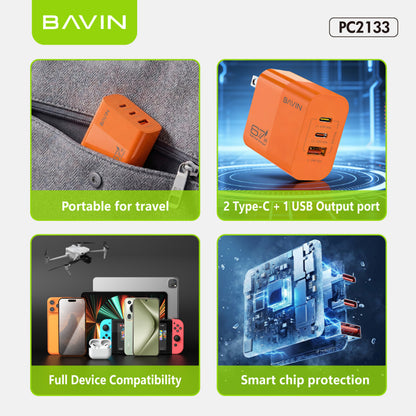 BAVIN PC2133 3in1 67W GaN Fast Charging Charger Dual Type-C + USB Ports w/ 1m Cable for Laptop, Phones