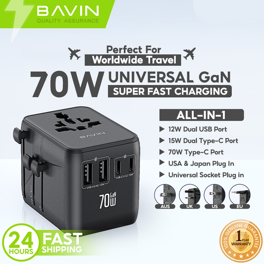 BAVIN PC2080 70W / 45W PD GaN Fast Charging Adapter & Multi-Port Universal Plug Charger for Laptop, Phones & Tablets