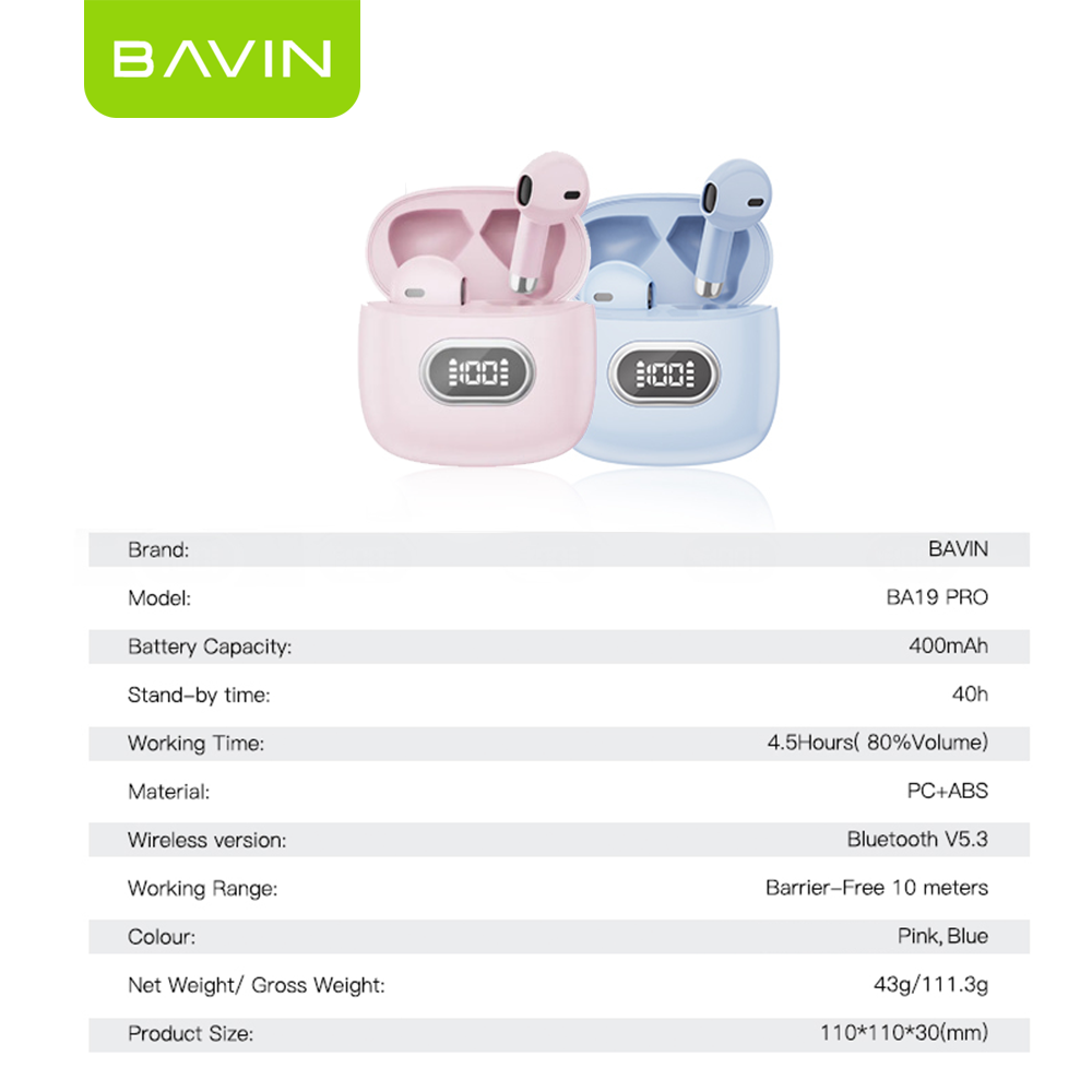 BAVIN HB-BA-19 Pro TWS Bluetooth 5.3 Earbuds w/ Hi-Fi Stereo, Touch Control, LED Display & 4.5H Battery Life