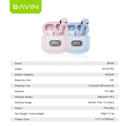 BAVIN HB-BA-19 Pro TWS Bluetooth 5.3 Earbuds w/ Hi-Fi Stereo, Touch Control, LED Display & 4.5H Battery Life