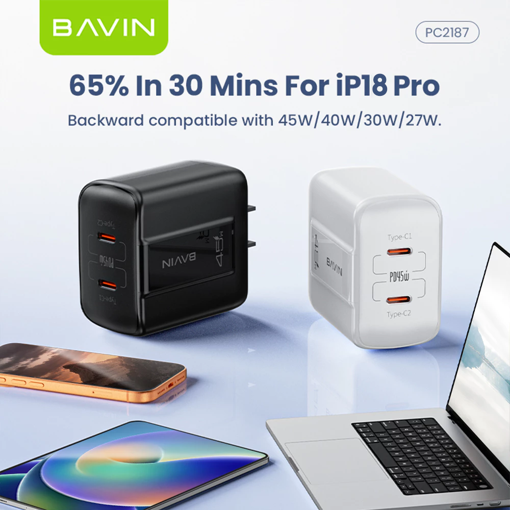 BAVIN PC2187 Portable 45W PD Fast Charger Dual USB C Wall Adapter w/ 1M Cable for iPhone 18/Android/Laptop