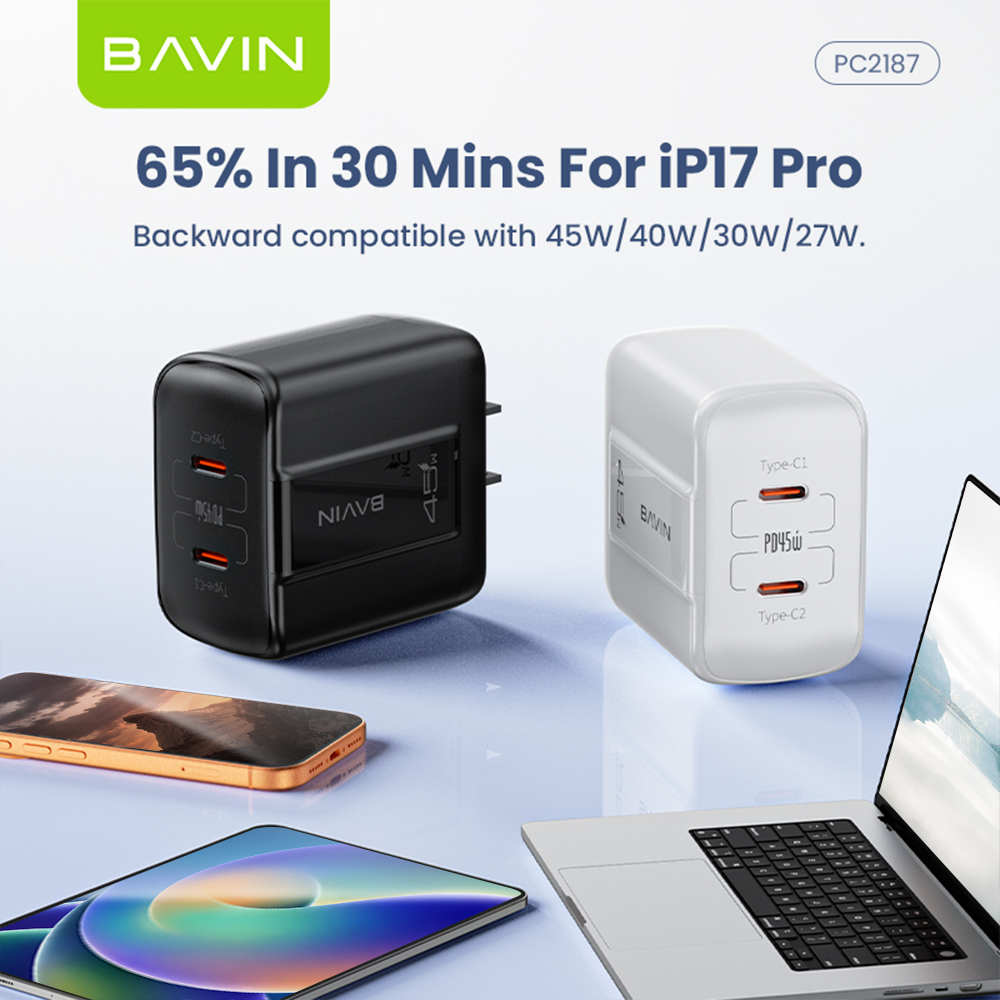 BAVIN PC2187 Portable 45W PD Fast Charger Dual USB C Wall Adapter w/ 1M Cable for iPh 17/Android/Laptop