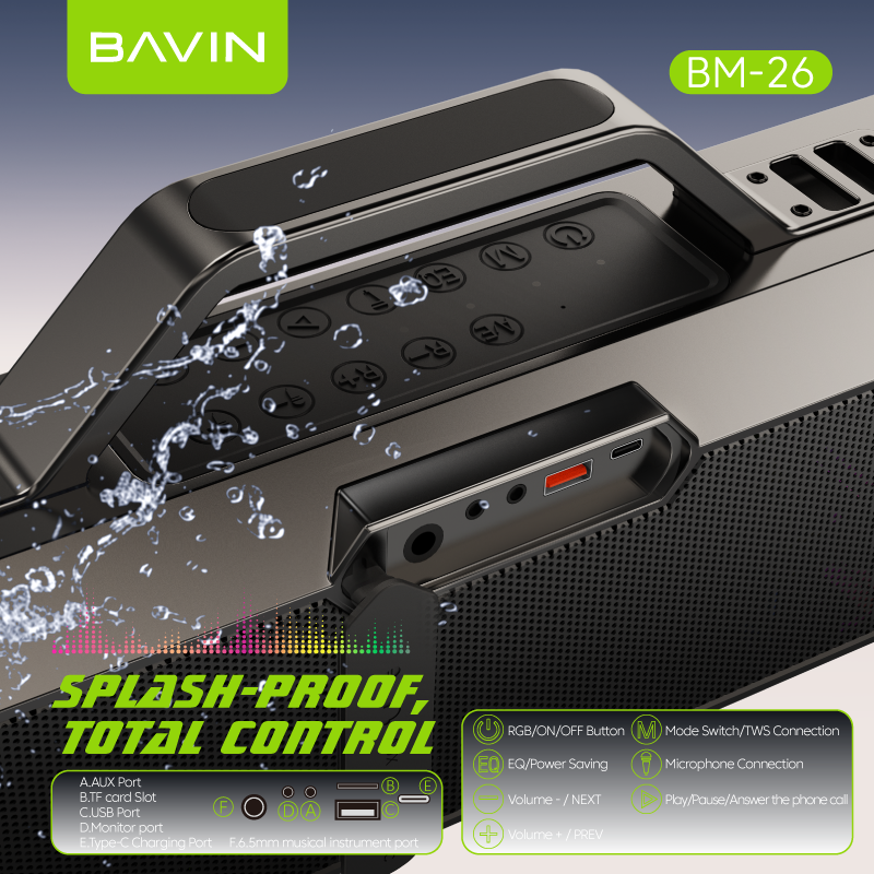 BAVIN DV-BM26 Outdoor Bluetooth Speaker Splash Proof & Durable w/ 2 Wireless Microphones