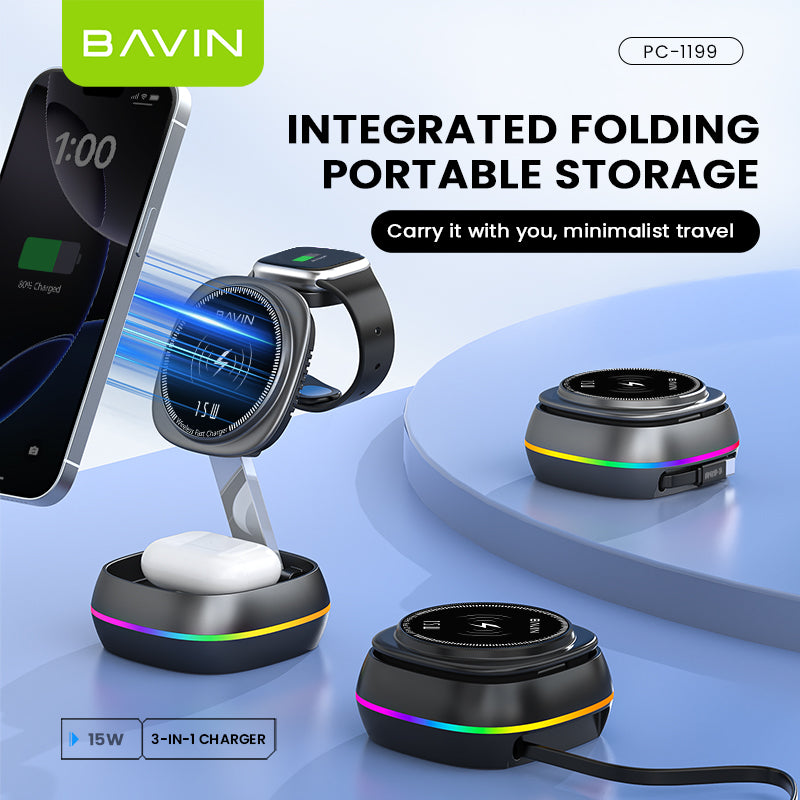 BAVIN C-W-PC1199 3in1 Magnetic Wireless Charger 15W Retractable Type-C Input & Foldable Stand for Phone Watch & Earbuds