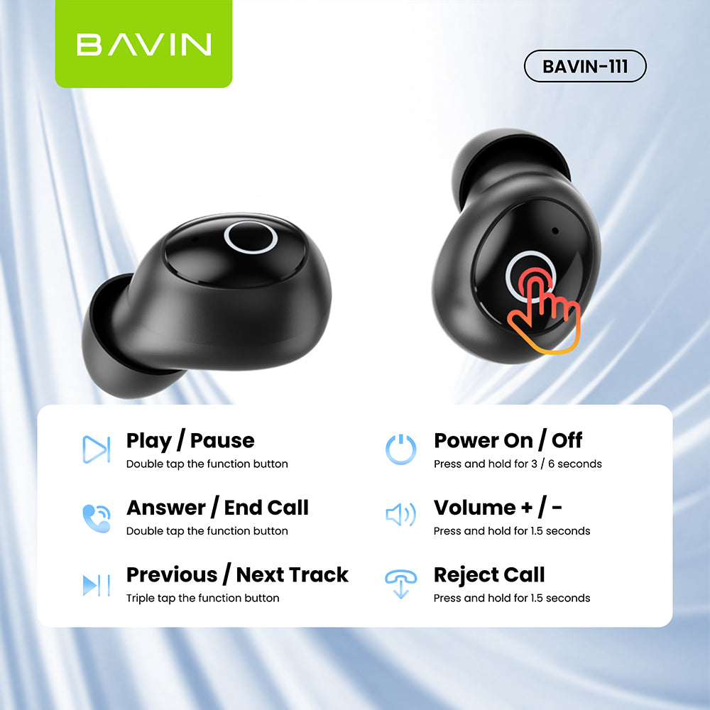 BAVIN BA111 TWS Hi-Res Audio Mini Bluetooth 5.4 Wireless Earbuds w/ Smart Touch & Long Battery Life