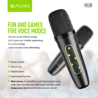 BAVIN DV-BM20 Professional Karaoke Bluetooth 5.0 Portable Speaker w/ Dual Microphones & Phone Stande