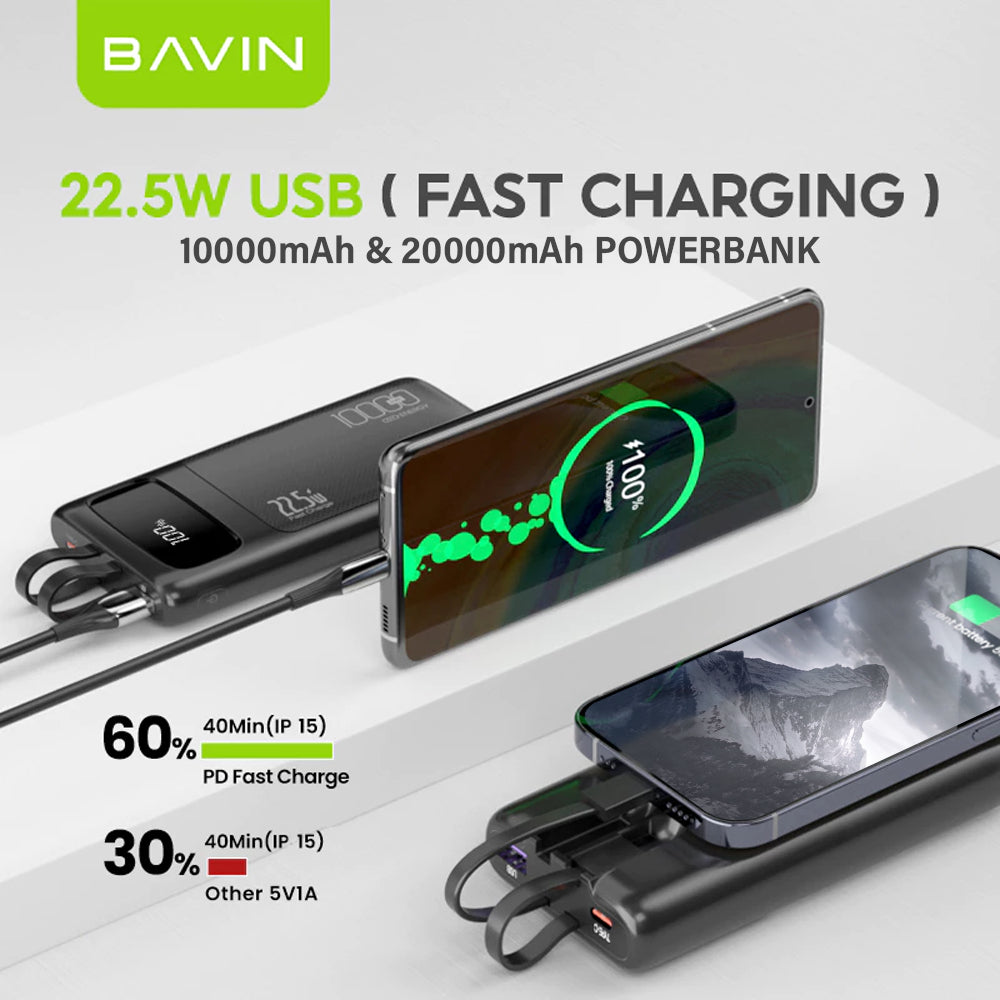 BAVIN PC008 10000mAh / PC007 20000mAh 22.5W Fast Charging Powerbank w/ Built-in Cable & LED Display