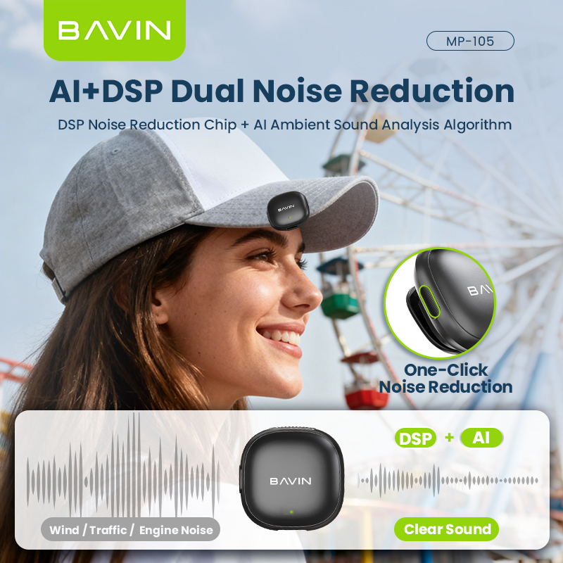 BAVIN MP105 Dual Wireless Microphone 50m Range, Plug & Play w/ 3-Mode Noise Cancellation, Case & LED for Type-C/ iPhone