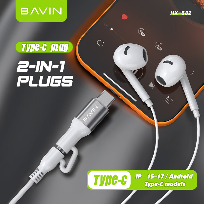 BAVIN HX882 2-in-1 Wired In-Ear Earphones w/ 3.5mm + Type-C Dual Connectors, Hi-Res Audio w/ Volume Control & Microphone