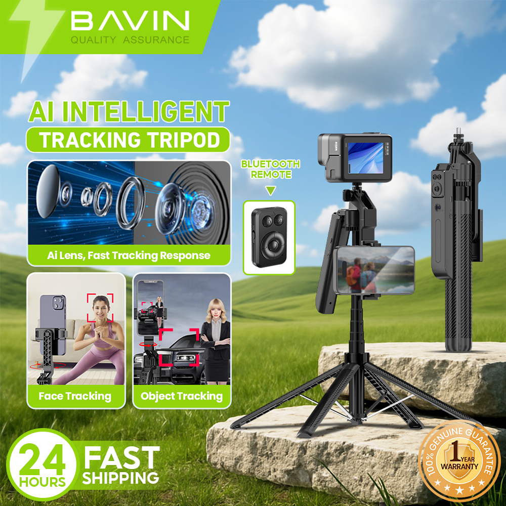 BAVIN D-Z-P24 AI Tripod Stand 360° Auto Face & Motion Detection w/ Wireless BT Remote Adjustable 32-180cm for Phone / Camera