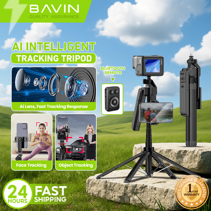 BAVIN D-Z-P24 AI Tripod Stand 360° Auto Face & Motion Detection w/ Wireless BT Remote Adjustable 32-180cm for Phone / Camera
