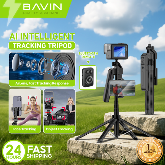 BAVIN D-Z-P24 AI Tripod Stand 360° Auto Face & Motion Detection w/ Wireless BT Remote Adjustable 32-180cm for Phone / Camera