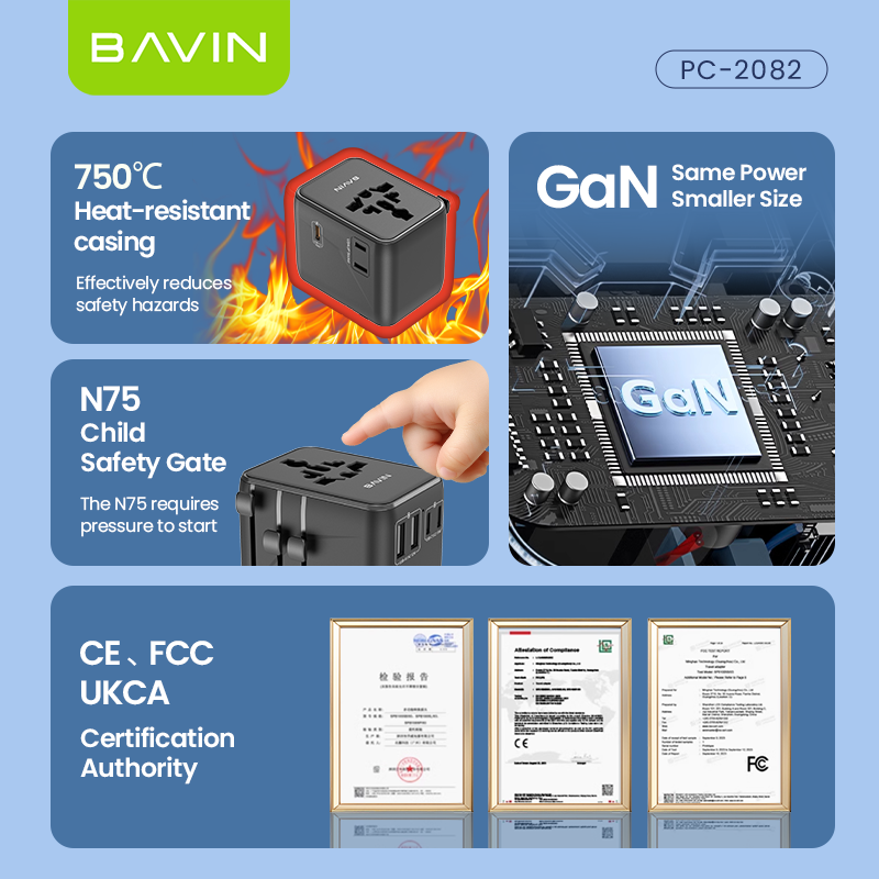 BAVIN PC2080 70W / 45W PD GaN Fast Charging Adapter & Multi-Port Universal Plug Charger for Laptop, Phones & Tablets