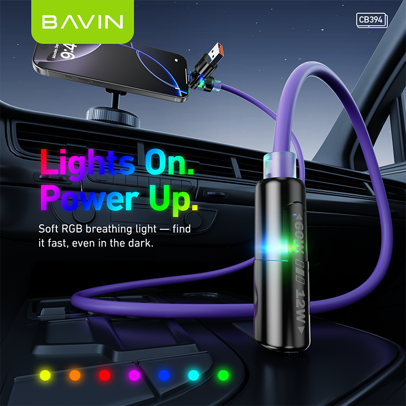 BAVIN U-CB394 60W 4-in-1 Silicone Fast Charging Cable w/ RGB Light Type-C & iPhone for Laptop, Tablet & Phones