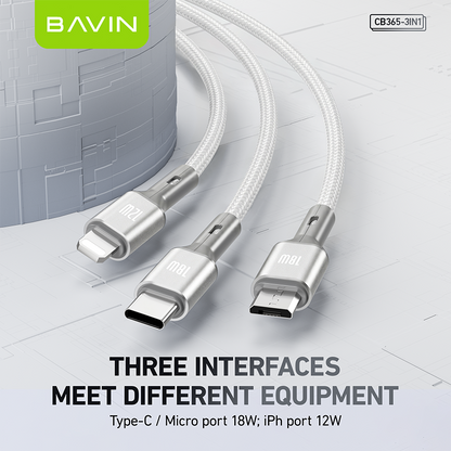 BAVIN CB365 3-in-1 Fast Charging Cable Nylon Braided 3A 480Mbps Data Transfer for Type-C/Micro/iPhone