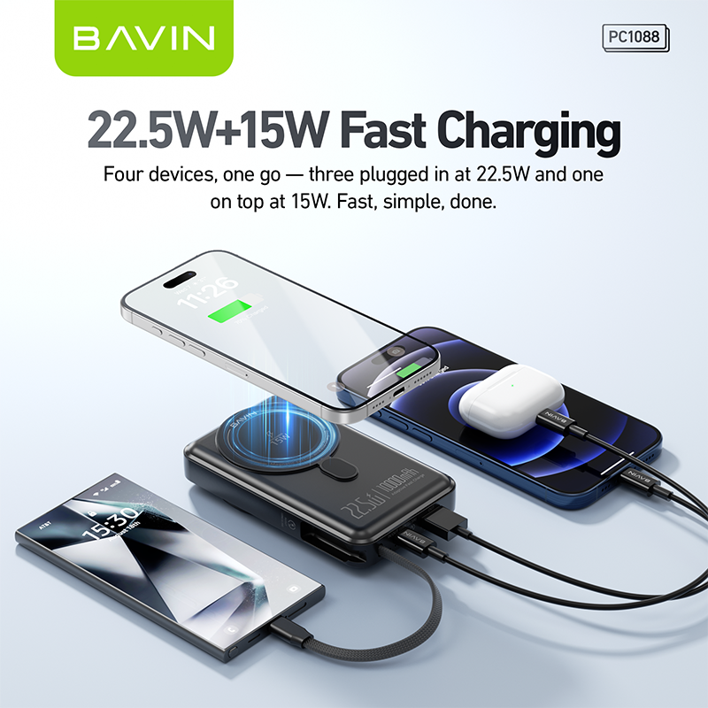 BAVIN Y-PC1088 10000mAh 22.5W PD Magnetic Wireless Fast Charging Power Bank w/ Magnetic Ring
