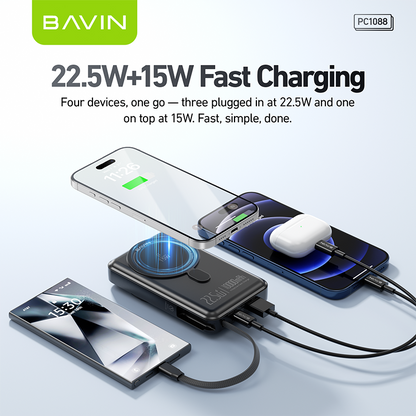BAVIN Y-PC1088 10000mAh 22.5W PD Magnetic Wireless Fast Charging Power Bank w/ Magnetic Ring