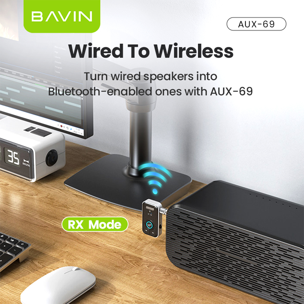 BAVIN AUX69 Hi-Fi Bluetooth 5.3 Wireless Audio Receiver Adapter w/ Built in Mic & 3.5mm AUX Jack for Car & Home Audio