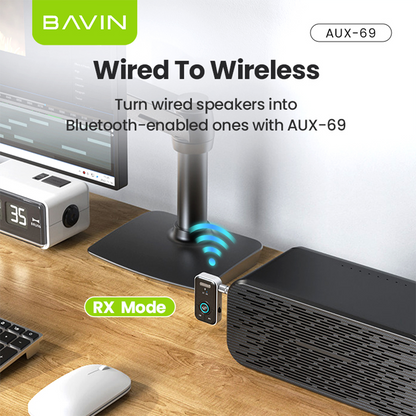 BAVIN AUX69 Hi-Fi Bluetooth 5.3 Wireless Audio Receiver Adapter w/ Built in Mic & 3.5mm AUX Jack for Car & Home Audio