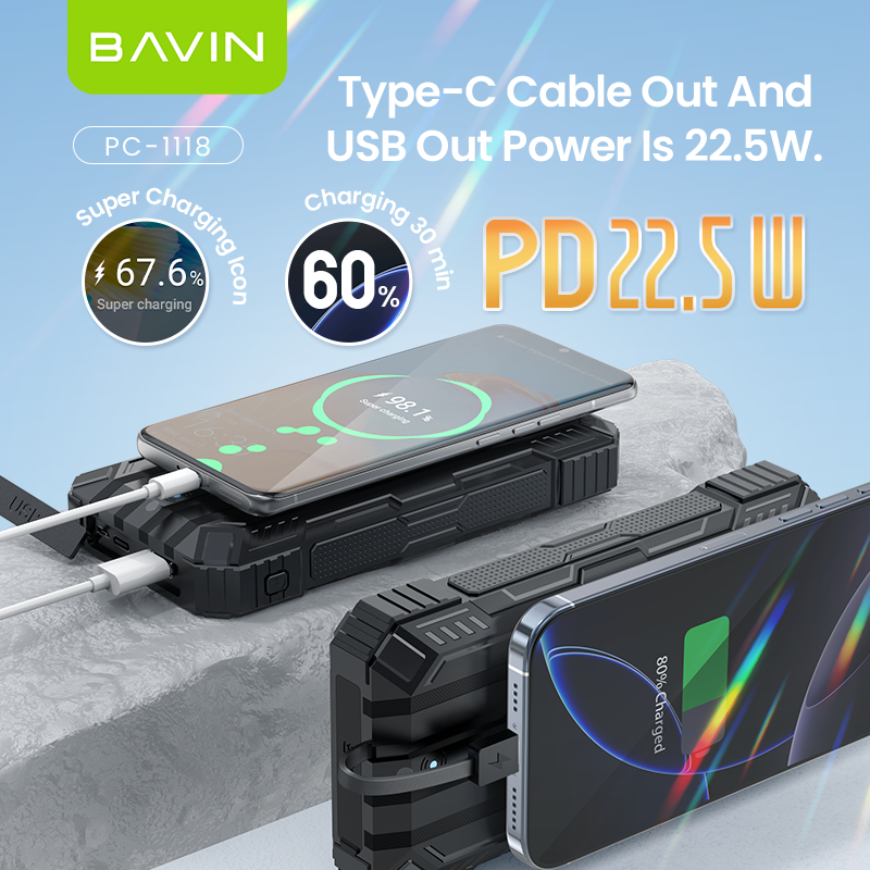 BAVIN PC1118 20000mAh Portable Wireless Solar Powerbank 22.5W Fast Charging Built-in Cable
